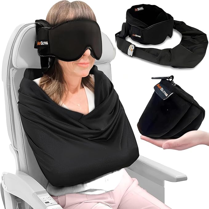 3-in-1 Airplane Sleep Support System - Integrated Plane Sleeping Accessories with Memory Foam Long Haul Flight Pillow, Adjustable Travel Eye Mask, and Blanket-Like Body Sling - Fits in Carry On