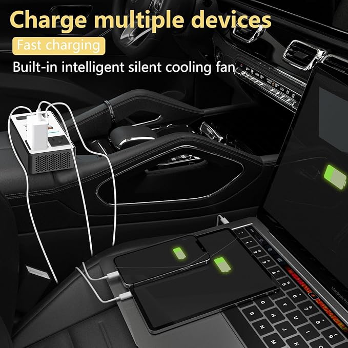 200W Car Power Inverter DC 12V to 110V AC,Cigarette Lighter Adapter Plug with [65W USB-C]/USB-Fast Charger 24W/Multiple USB/Laptop car Charger with Voltage Display