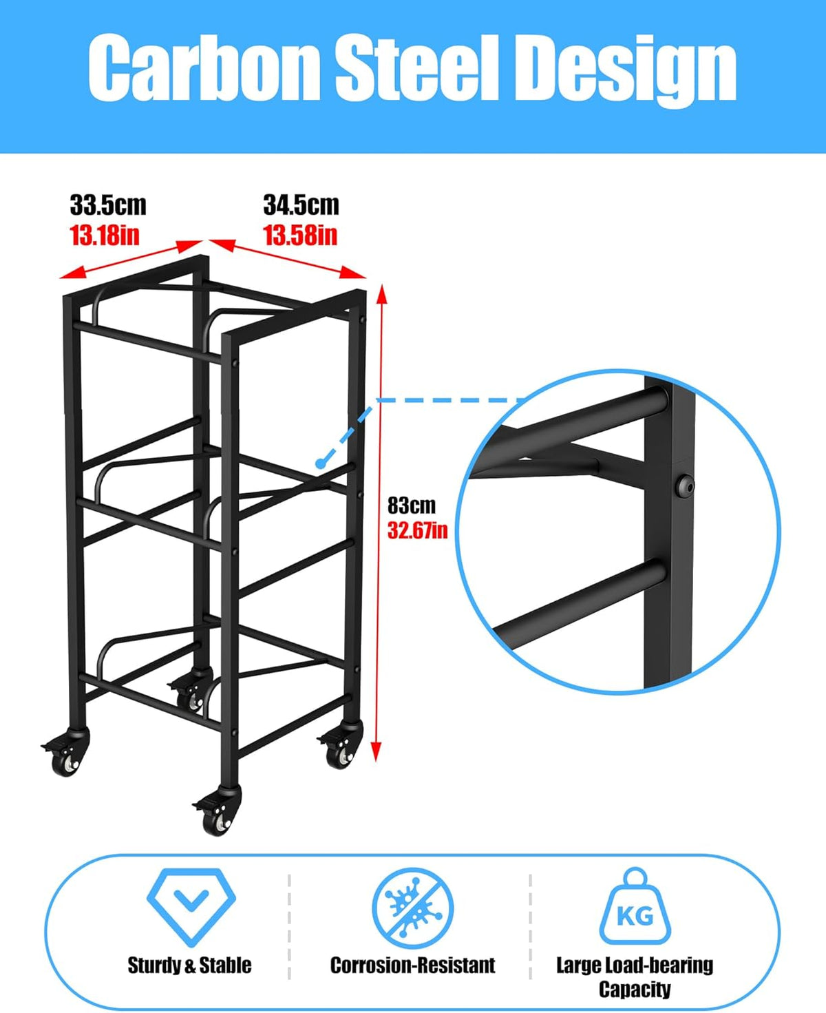 5 Gallon Water Jug Holder, Movable 3 Tier Heavy Duty Water Rack with 4 Wheels, Rack for Water Jug Storage, Space Saving Water Stand for Three 5 Gallon Water Jugs, Black