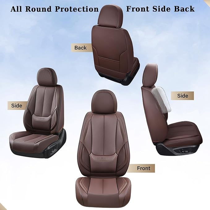 Coverado Car Seat Covers Full Set, Seat Covers for Cars, Car Seat Covers Front Seats and Back, Brown Car Seat Protector Waterproof, Nappa Leather Car Seat Cushion Fit for Most Cars