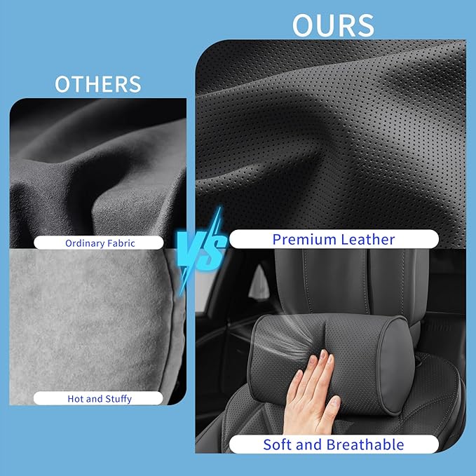 Car Headrest Pillow for Driving - Luxury Leather 100% Memory Foam, Ergonomic Neck Support - Universal Fit Head Rest Travel Pillow for Most Cars, Home & Office, Black, 1 Pack
