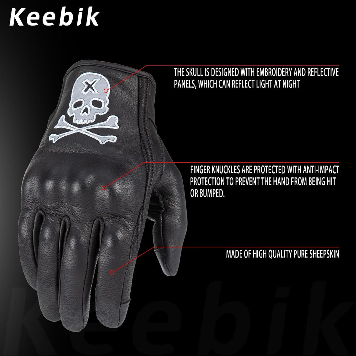 Goatskin Leather Motorcycle Motorbike Powersports Racing Gloves Reflective Skull Touchscreen for Men and Women Model