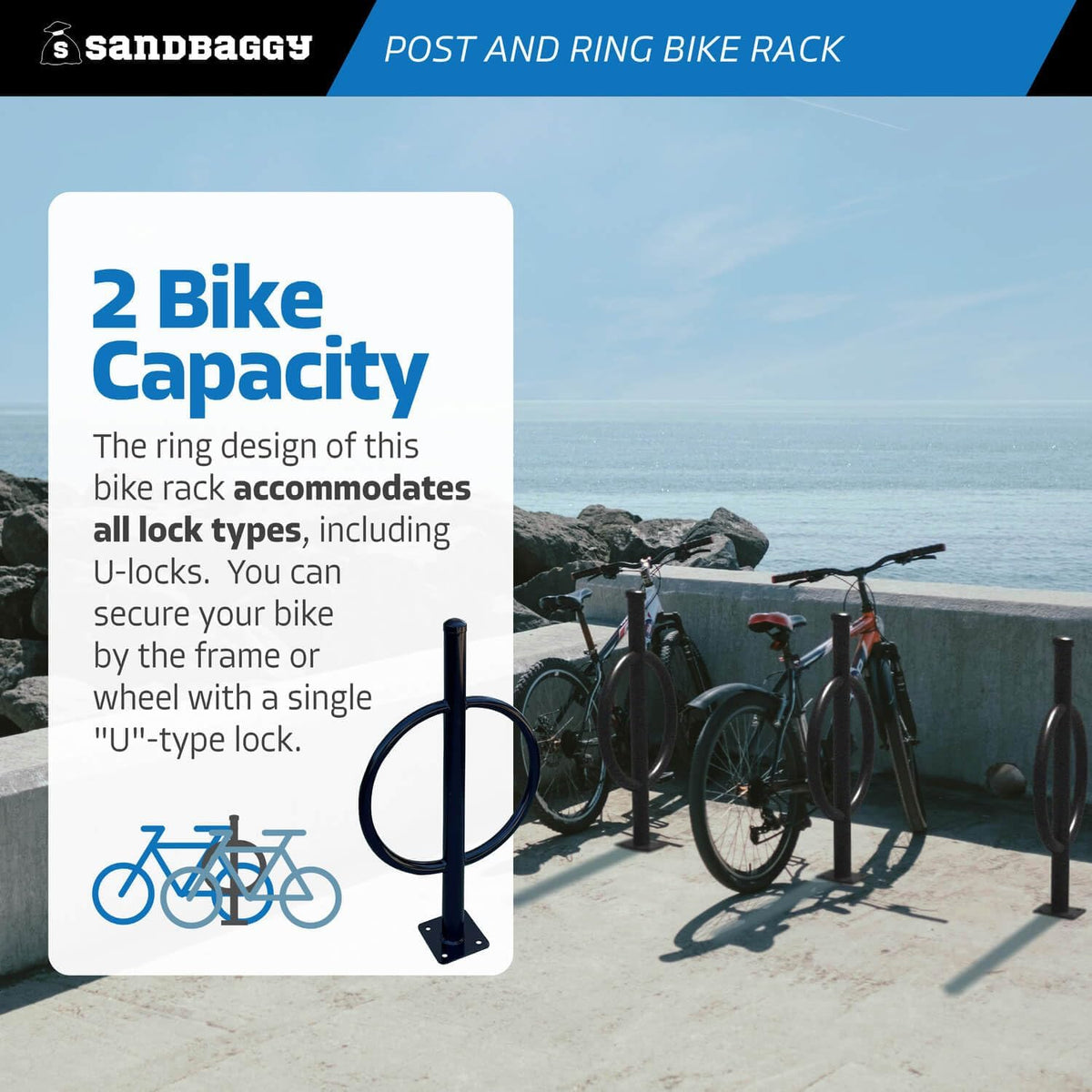 Sandbaggy Post and Ring Bike Rack - Commercial Bike Racks - Galvanized Steel - Anti-Theft Design - In Ground, Apartments, Sidewalks, Industrial (White, 1)