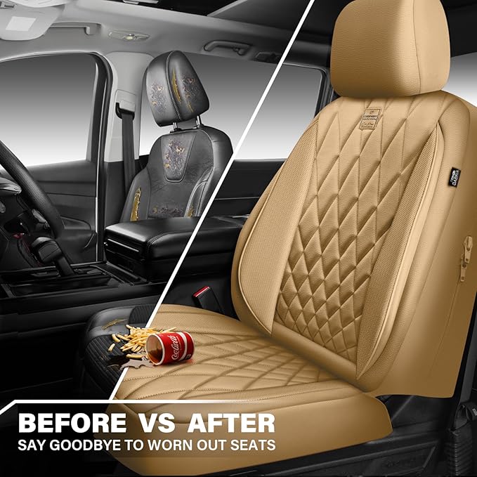 CAR PASS Piping Luxury PU Leather Two Front Car Seat Covers, Waterproof Anti Slip Seat Covers Compatible with Front Seat Armrests,Universal Fit for Suvs,Vans,Trucks,Airbag Compatible(All Beige)