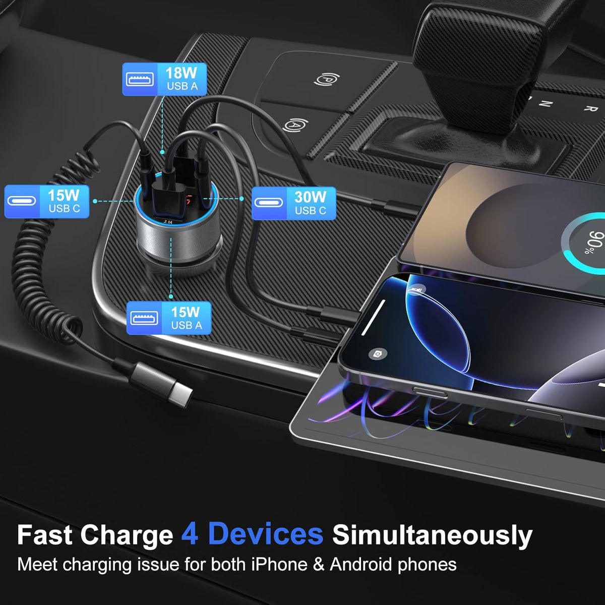 Car Charger USB C, 65W Dual 12V Cigarette Lighter USB Car Adapter with Voltage Display Multi Port PD/QC 3.0 Super Fast Charging Car Phone Charger for iPhone 16 15 14 13 12 Pro,Tablet,Android(Gray)