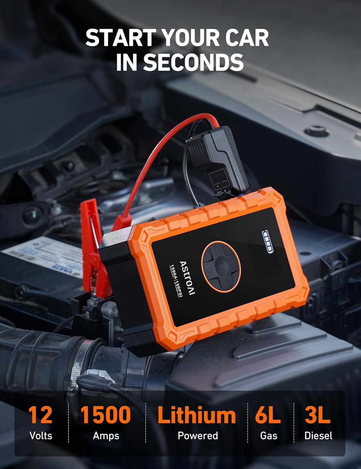 AstroAI S8 Air Jump Starter with Air Compressor, 1500A Peak Car Battery Jump Starter Portable (6.0 Gas/3.0L Diesel) with 150PSI Cordless Auto-Shutoff Tire Inflator, 12V Battery Charger Booster(Orange)