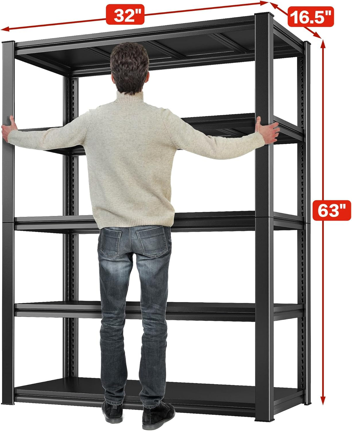 Raybee 5-Tier Industrial Heavy Duty Storage Shelving, 32" W x 16.5" D x 63" H, Black Metal Garage Shelving, 2000LBS Capacity