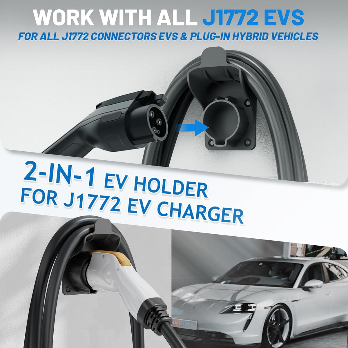 MECMO EV Charger Holder SAE J1772 Wall Mount Charging Cable Hanger Organizer, Nozzle Holster Dock Electric Vehicle EVSE PHEV Car Plug Space Saving Garage Wall Connector Cord Hook for Outdoor Indoor