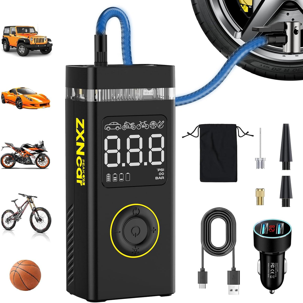 Tire Inflator Portable Air Compressor,180PSI 20000mAh Pump for Car Cordless with Pressure Gauge,4X Fast Inflation with Dual Lights for Cars Bicycles Motorcycles Balls