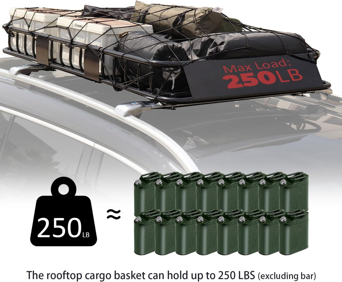 FORWODE Roof Rack Carrier Basket, 64" x 39" Rooftop Cargo Carrier with 250 lbs Capacity, Rust-Proof Steel Heavy Duty Car Top Luggage Basket with Waterproof Cargo Bag,Net for SUV Truck Cars