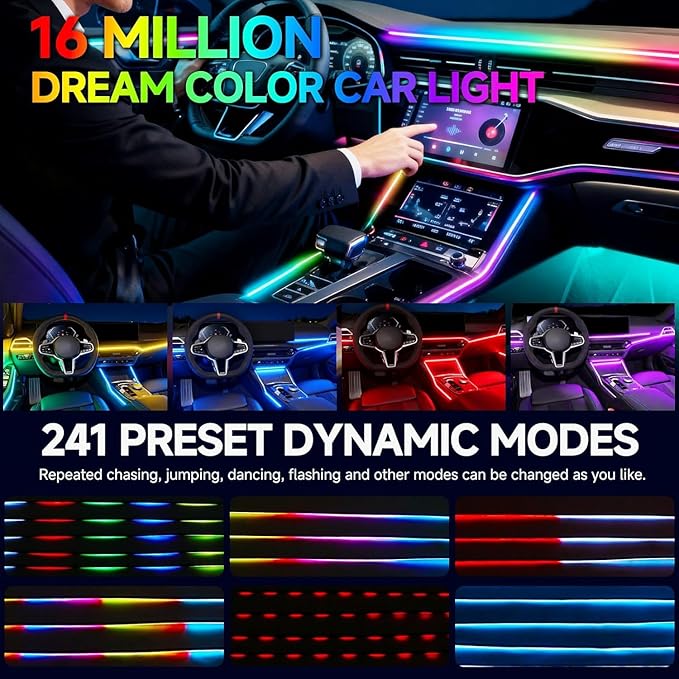 Interior Car LED Strip Lights,Acrylic LED Lights for Car with Dynamic Dreamcolor Chasing,43.3in USB RGB Neon Strip Fiber Optic LED Ambient Lighting Kits with Remote APP,for Inside car Decorations