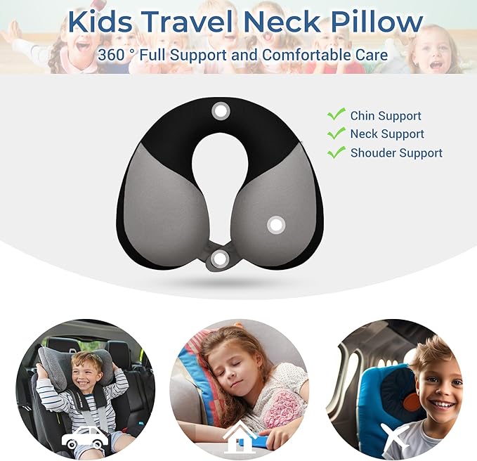 COOLBEBE Kids Travel Neck Pillow, Softly Double Support Travel Pillow for Car & Airplane, Traveling Gifts for Toddler & Children (Black)