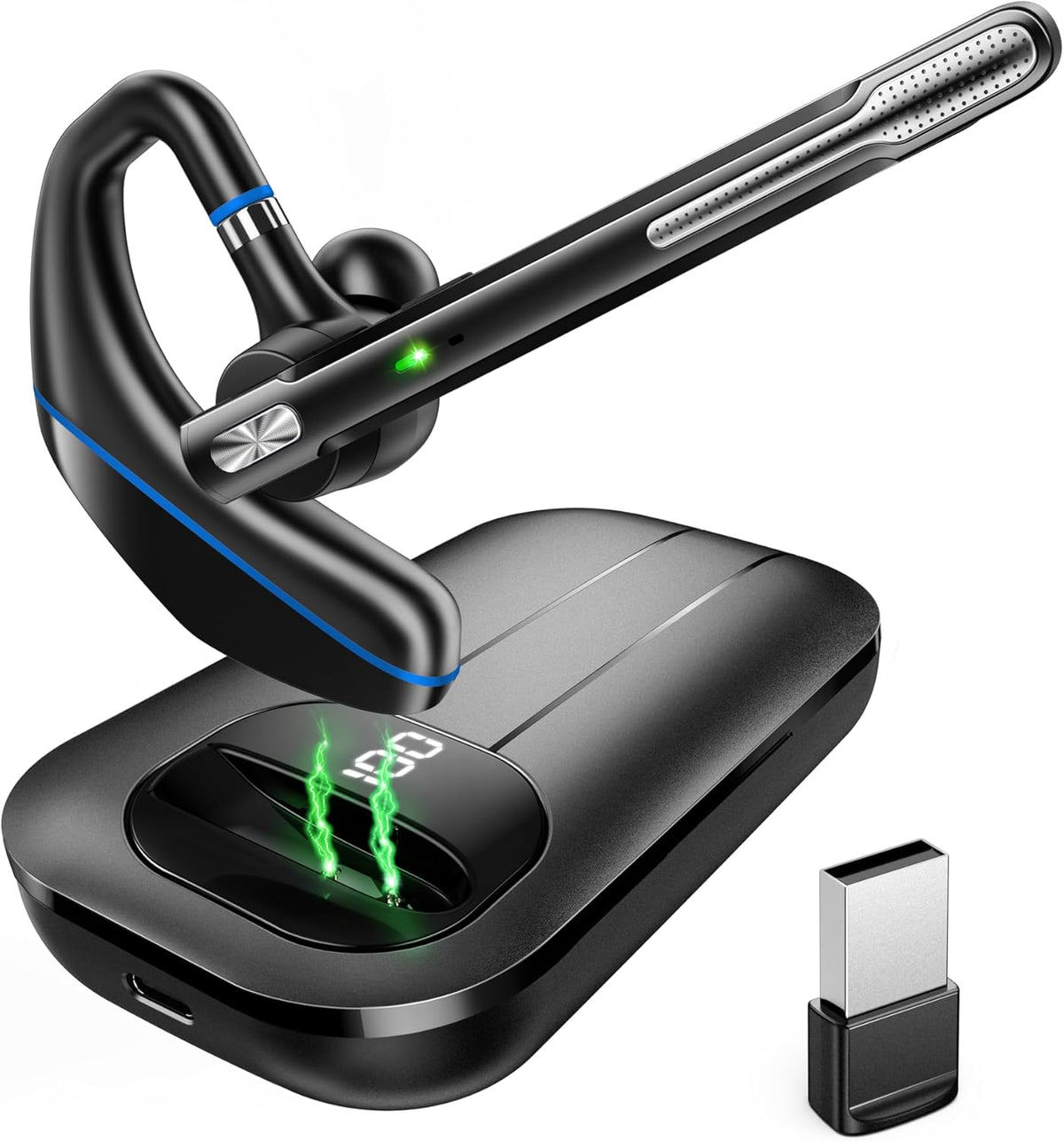 Bluetooth Headset V5.3, Wireless Earpiece with 1000mAh Charging Case, 96H Talktime, Hands Free Noise Canceling Headphones with Dual-Mic for Computer Cell Phones Trucker Home Work (Blue)