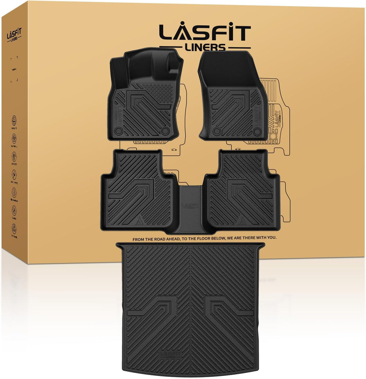 LASFIT Floor & Cargo Mats for Volkswagen Tiguan 2018 2019 2020 2021 2023 2024 (Fit 5 Seats), All Weather TPE Custom Fit Floor Liners for 1st & 2nd Rows & Trunk Mats for VW Tiguan Accessories, Black