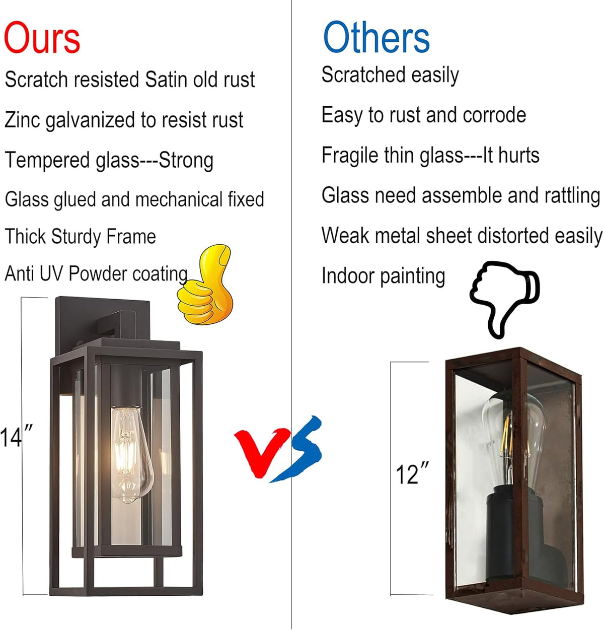 14" Outdoor Wall Light Fixtures Waterproofed Exterior Lantern W/Sturdy Rectangular Double Cage In Old Rust&Clear Tempered Glass,Sconce Mounted For House Patio,Front door,Porch,Yard, Lighting 2Pack