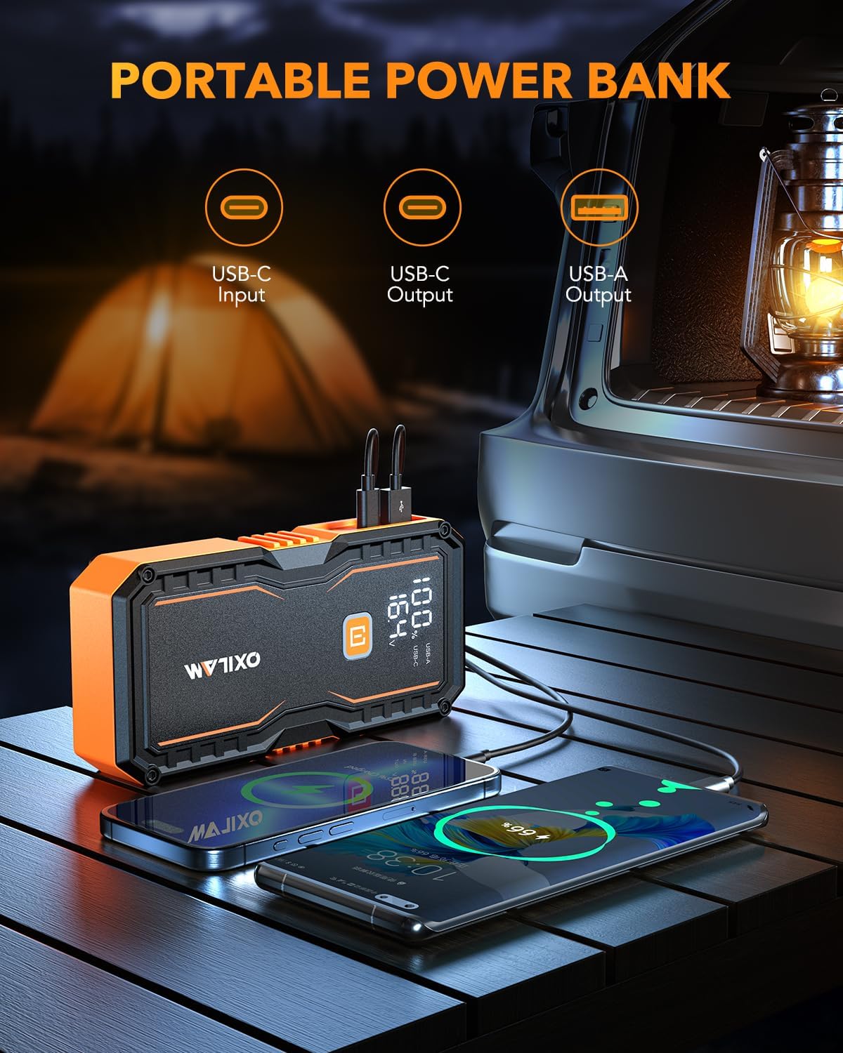 OXILAM Jump Starter 6000A for All Gas/12L Diesel, Car Battery Jumper Starter Portable, 12V Lithium Jump Box with Jumper Cables, LED Display, LED Light, Power Bank with USB, Type C Port