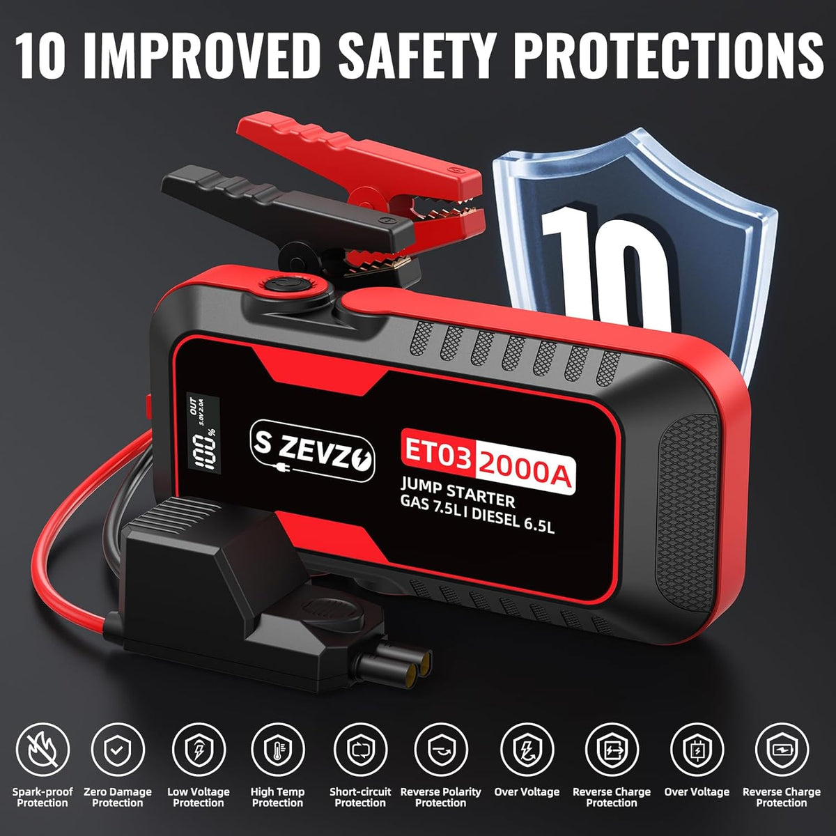 S ZEVZO ET03 Car Jump Starter 2000A Jump Starter Battery Pack for Up to 7.5L Gas and 6.5L Diesel Engines, 59.2Wh Portable 12V Jump Box with USB Ports, LCD Display, Storage Case, and LED Light