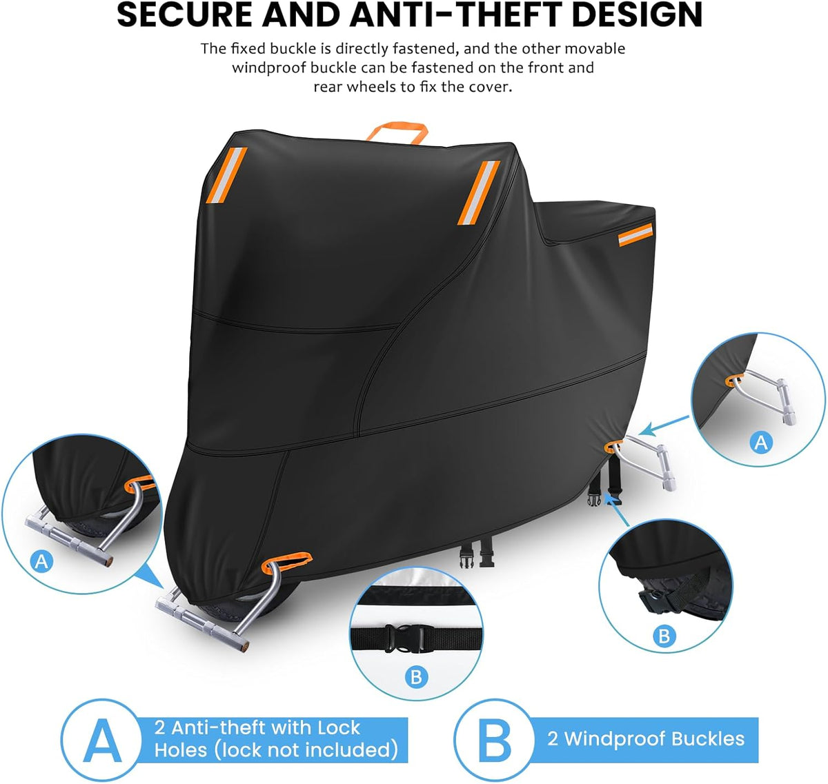 Motorbike Cover Waterproof Outdoor, Motorcycle Scooter Moped Cover Sun Rain Dust Protection with 4 Reflective Strips and 2 Windproof Buckles, 2 Lock-Holes for Cruisers Sportbikes (1XL: 91x37x49 inch)