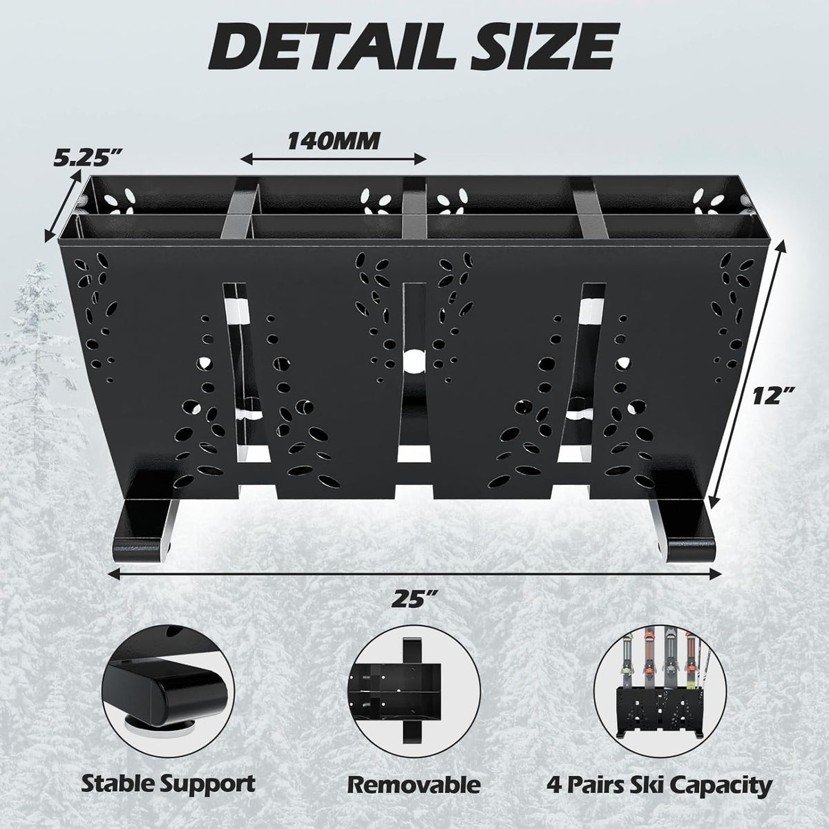 Heavy Duty Metal Ski Storage Rack, 4 Pair Freestanding Steel Ski Holder, Floor Stand Ski Organizer Rack, Snowboard Floor Stand Organizer for Garage and Home