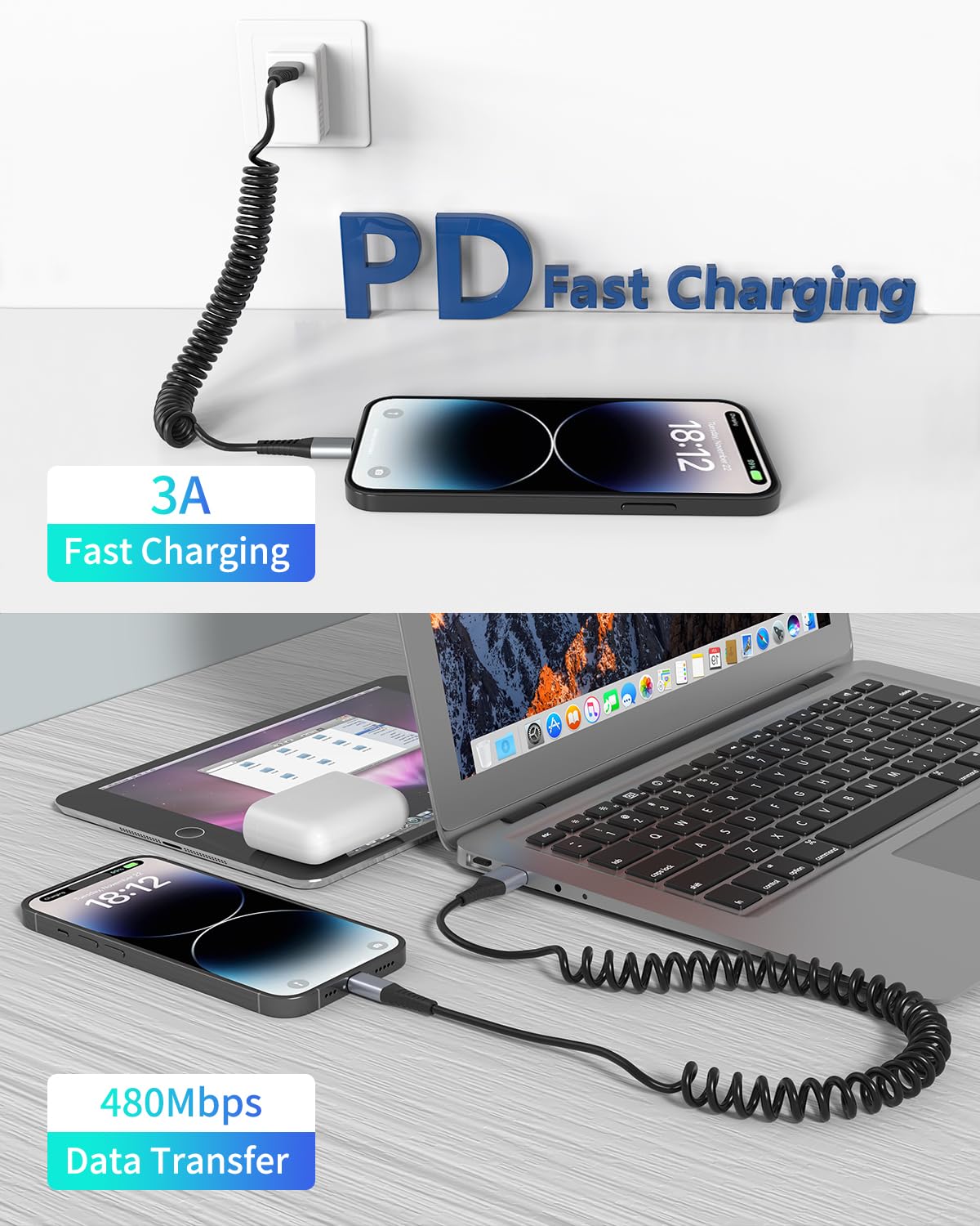 Coiled USB C to Lightning Cable, 2 Pack Retractable iPhone Charging Cable for Car, 3FT USBC to Lightning Cable for iPhone 14 13 12 11 Pro Max Mini 10 8 7 Plus XR XS SE, AirPod