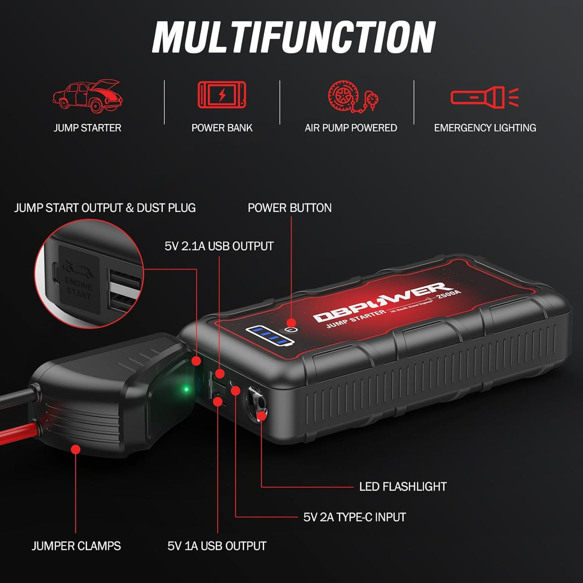 DBPOWER Jump Starter 2500A Peak 74Wh Portable Car Jump Starter (Up to 10L Gas/8L Diesel Engine) 12V Auto Battery Booster Pack with Smart Clamp Cables, Quick Charger, LED Light Jump Box