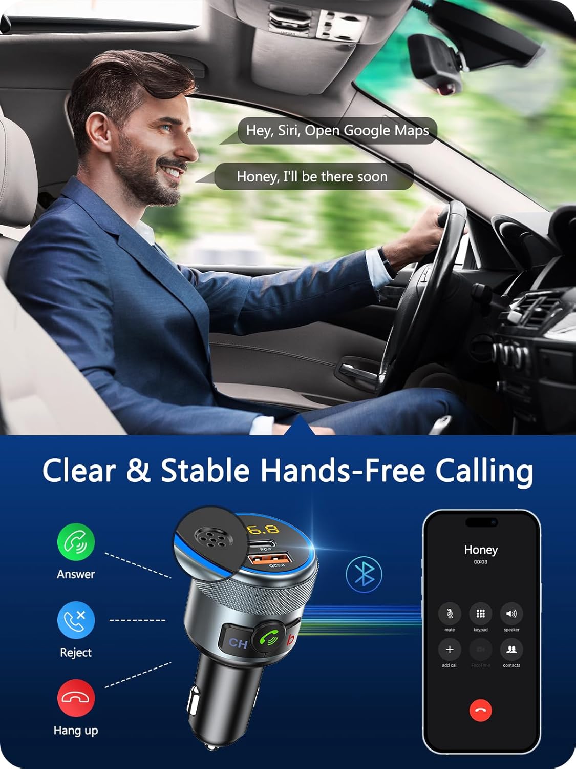 LENCENT Car FM Transmitter, Wireless Bluetooth 5.1 Radio Adapter Car Kit with Big Button, Type C PD 20W and QC3.0 18W Car Fast Charger, Bass Lossless Hi-Fi Sound Music Streaming, Wireless Call
