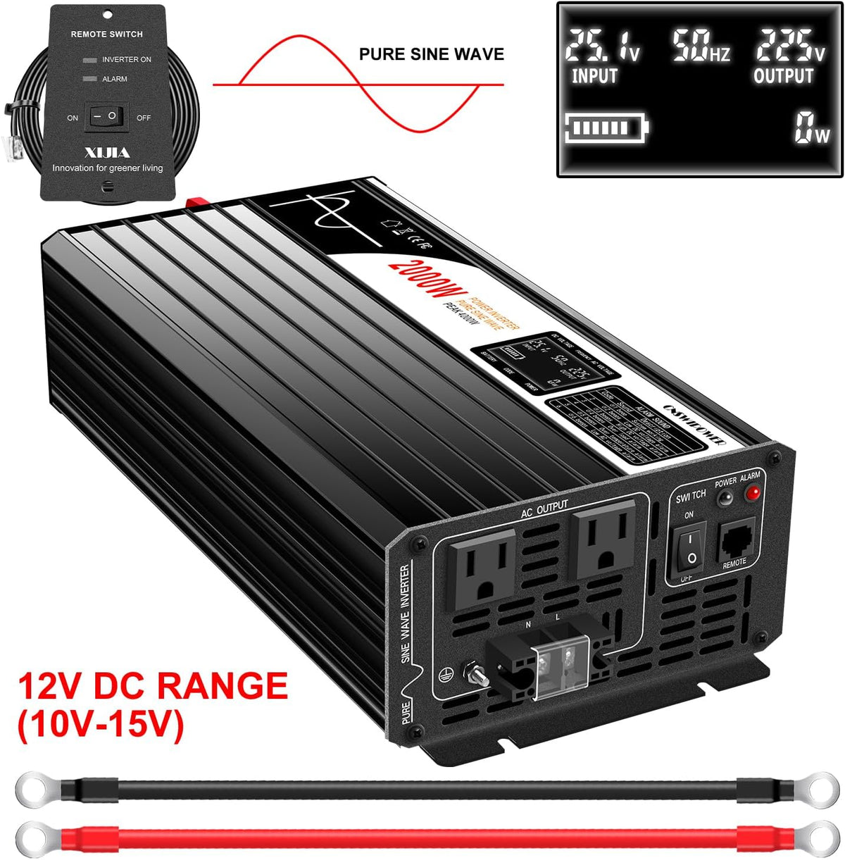 Xijia Pure sine Wave Inverter 2000w Power Inverter (Peak Power 4000W) dc 12v to 110v 120V ac rv Converter (DC12V (Range 10V-15V) 2000W)