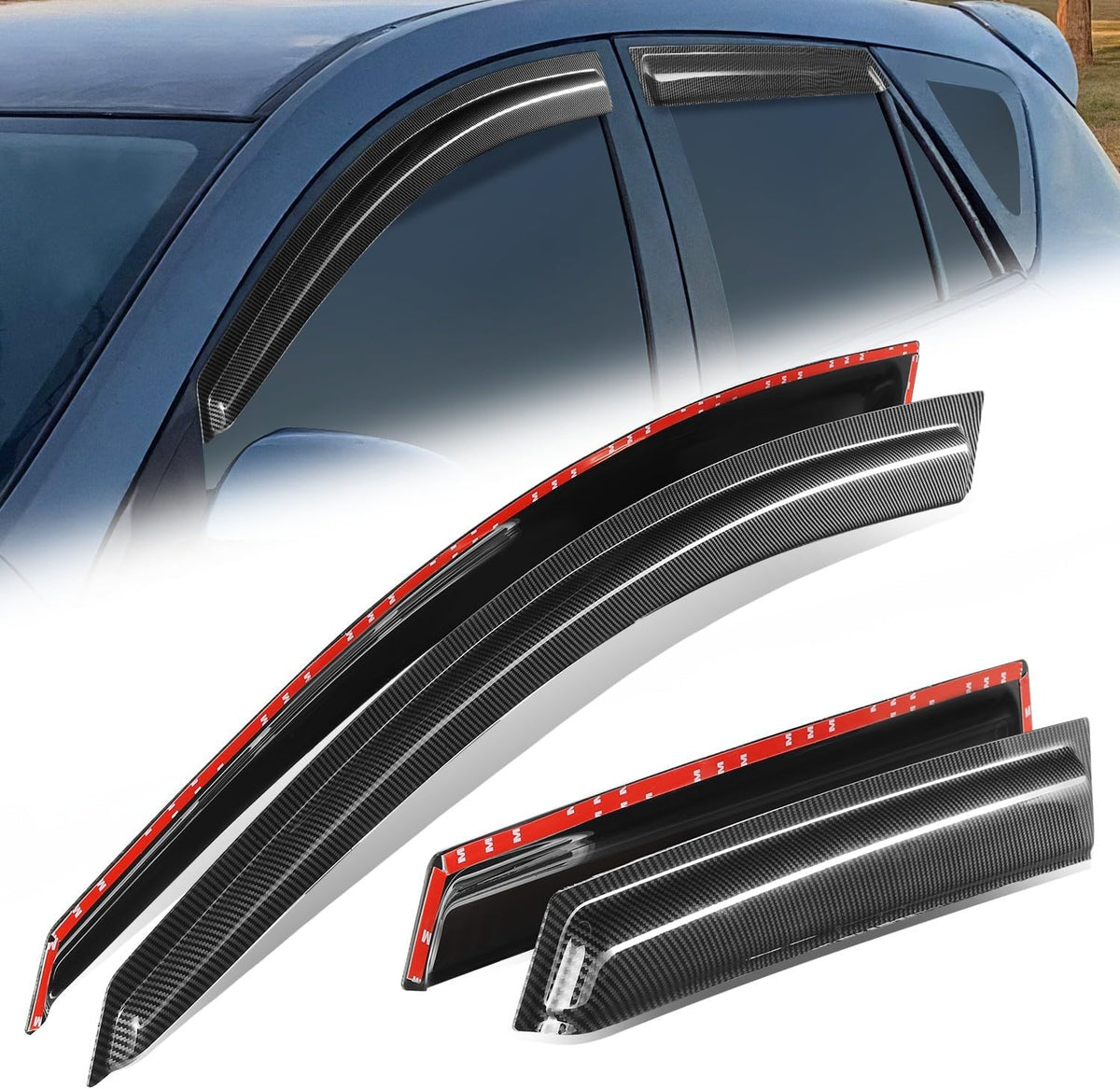 Auto Dynasty 4Pcs Carbon Fiber Pattern Window Visors Compatible with 2010 2011 2012 2013 Mazda 3 Hatchback, Tape-On Front & Rear Window Deflectors Rain Guards Sun Air Side Vent Shade, Glossy Black