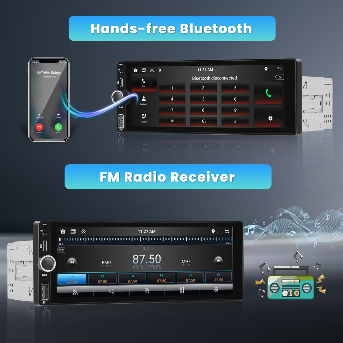 Single Din Car Stereo with Apple Carplay Android Auto,6.9 Inch IPS Touch Screen Car Stereo with Backup Camera, Car Radio Support Mirror Link Bluetooth Handsfree FM/RDS Type-C/USB EQ SWC