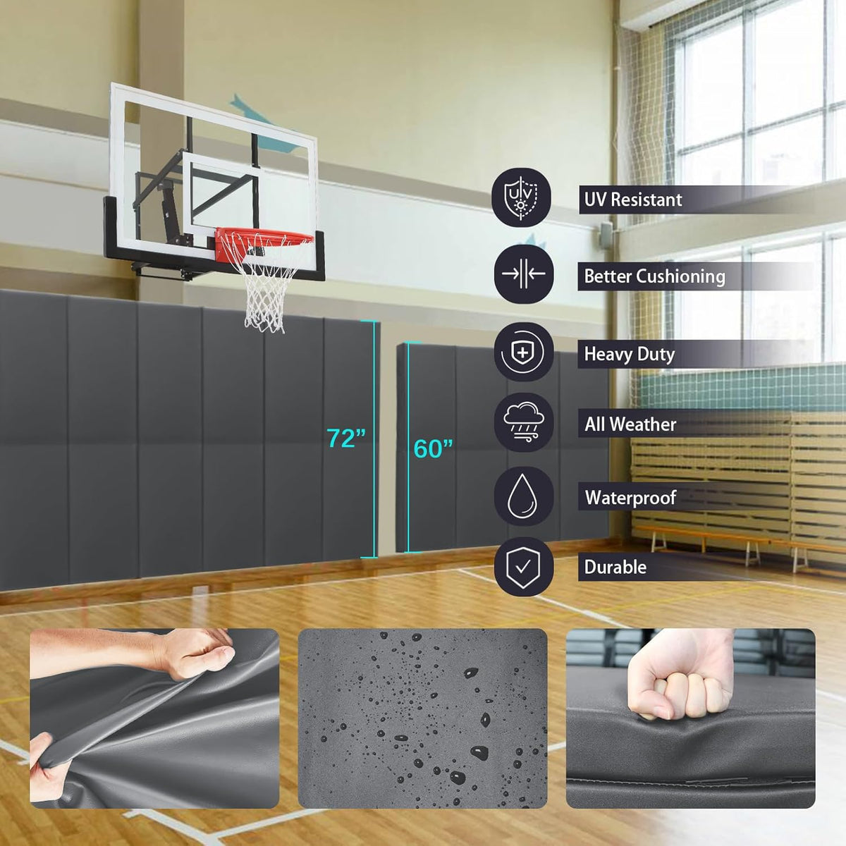 PROGOAL 60"/72" High Gym Wall Padding 2"/4" Thick Foam Basketball Court Wall Mount Protector for Garage Taekwondo Babyroom - Durable Waterproof Anti-Cushion