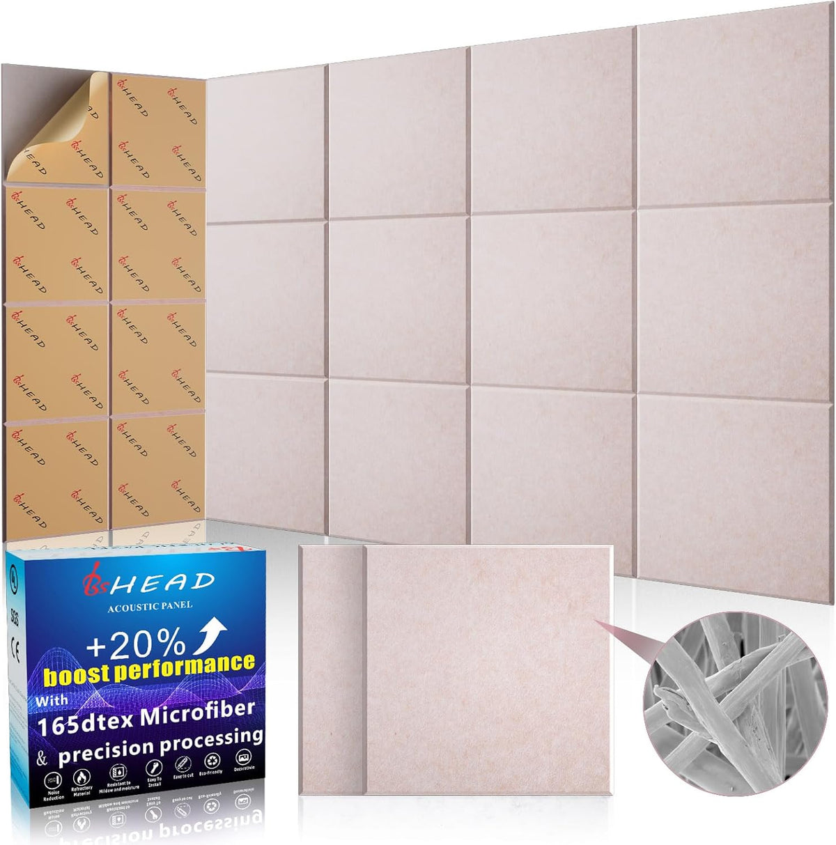 15 pcs 165dtex Microfiber Acoustic Panels ，Self-Adhesive Soundproof Wall Panels, 12 x 12 x 0.4 in Sound Proof Foam Panels for Walls, High Density, Noise Dampening Panels for Home Studio（Camel）