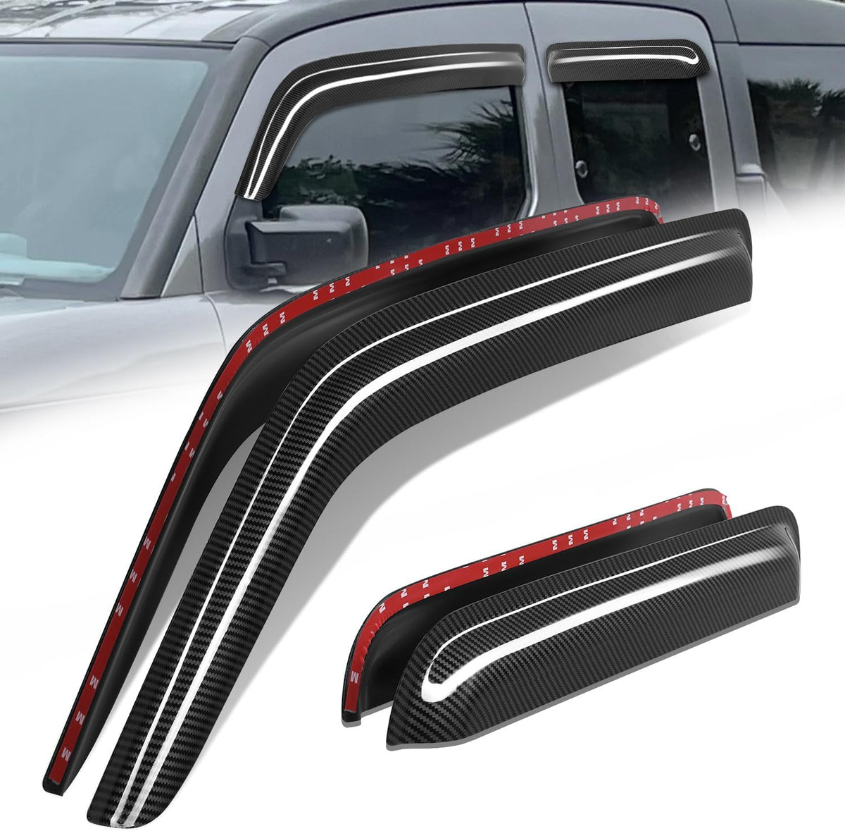 Auto Dynasty 4Pcs Carbon Fiber Pattern Window Visors Compatible with 2003-2011 Honda Element, Tape-On Front & Rear Window Deflectors, Glossy Dark Smoke