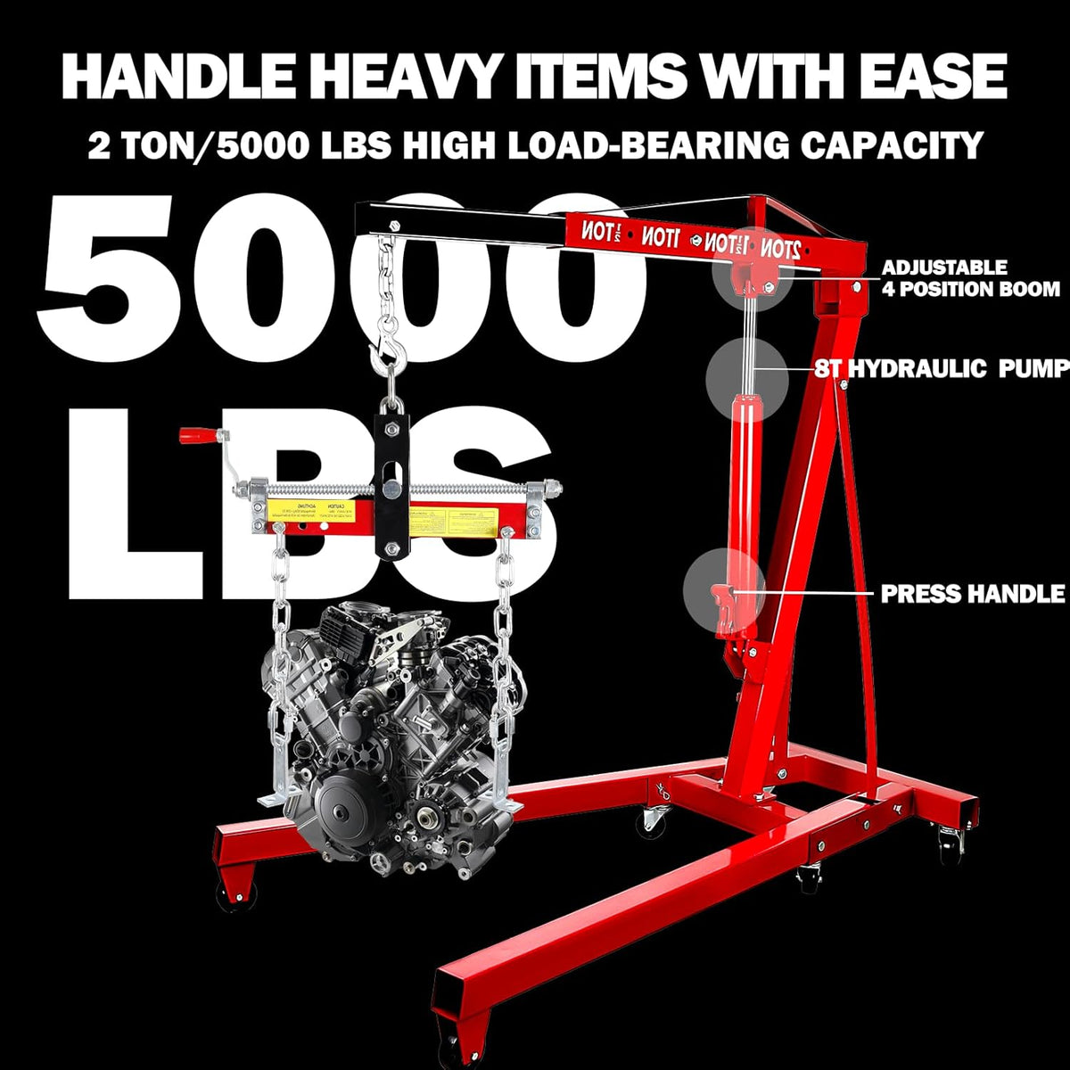5000LBS Folding Hydraulic Engine Hoist with Lever, Heavy-Duty Cherry Picker Shop Crane with 6 Casters, Engine Lifter for Garage, Workshop & Warehouse, Red