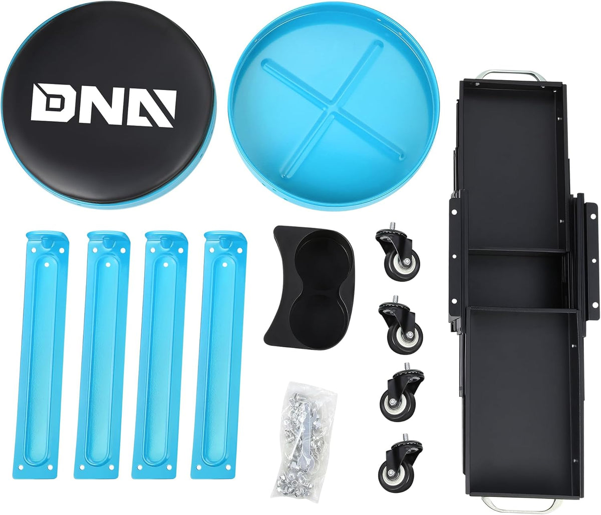 DNA MOTORING Round Mechanics Roller Seat Creeper Stool with Padded Cushion, Tool Storage Drawer & Tray, 300 Lbs Max Weight Capacity, Blue, TOOLS-00492