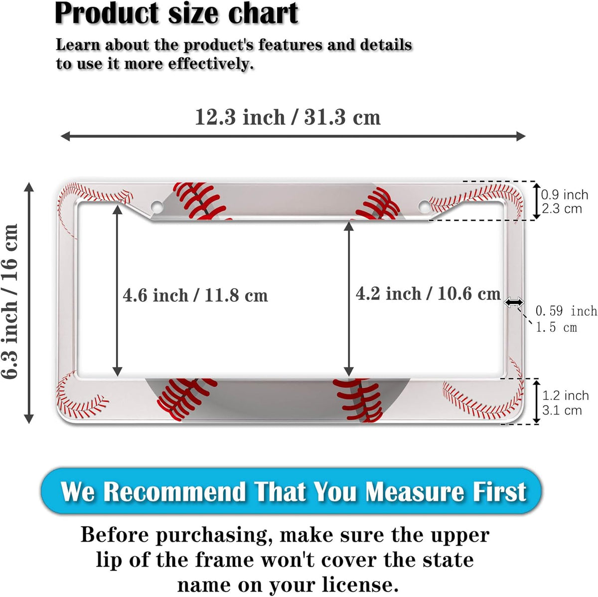 License Plate Frames for Men Red and White License Plate Cover for Women Baseball Texture Aluminum Metal Car Accessory 2 Pack with Screw Covers Set