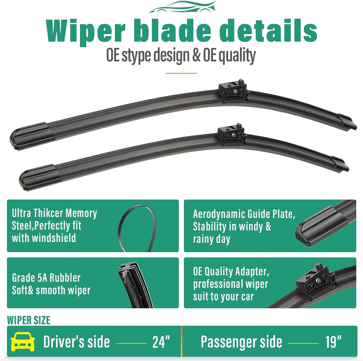 24" 19" 12" Windshield Wiper Blades Replacement for Mercedes Benz GLA250 GLA45 AMG 2016 2017 2018 2019 2020 GLA 250 45 AMG Premium All Weather Front Rear Wipers Set - OEM Quality (Pack of 3)