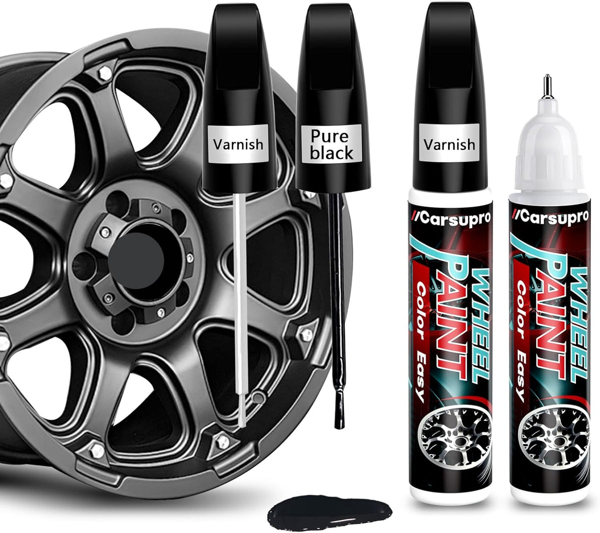 Black Rim Touch Up Paint. Wheel Scratch Repair Pen. Car Rim Paint Pen Quick And Easy Fix Rim Scratches,Rim Paint For Car Wheel Repair (2, Gloss Black+Varnish)