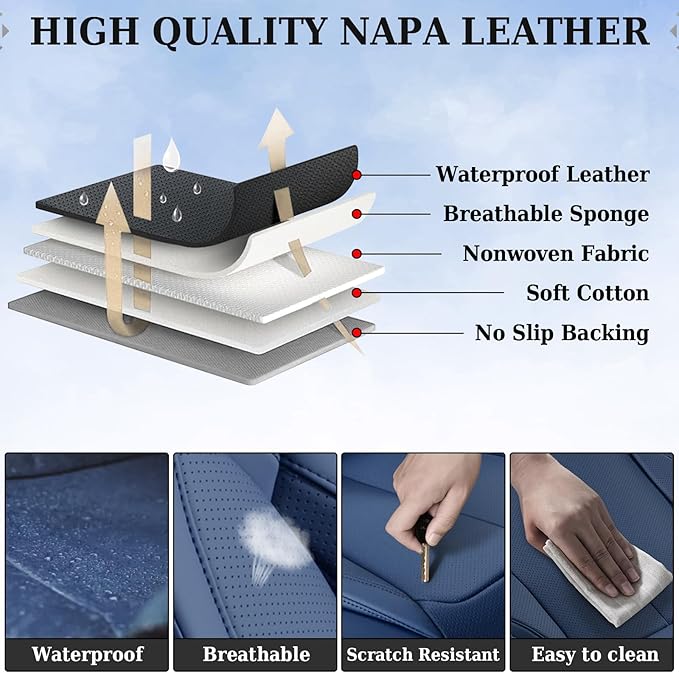 Coverado Seat Covers, Car Seat Covers Front Seats, Car Seat Cover, Car Seat Protector Waterproof, Car Seat Cushion Nappa Leather, Blue Seat Covers Carseat Cover Universal Fit for Most Cars