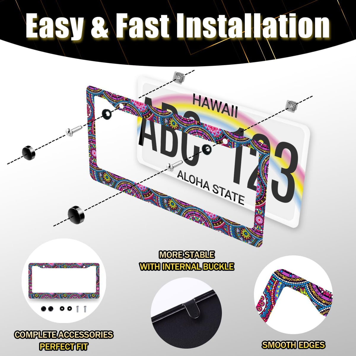 Purple Mandala License Plate Frame Hippie Boho License Plate Holder Stainless Steel Front and Rear Car Tags Auto Parts Funny License Plate Decoration with Screws for Men Women s 12.2"x 6.2"