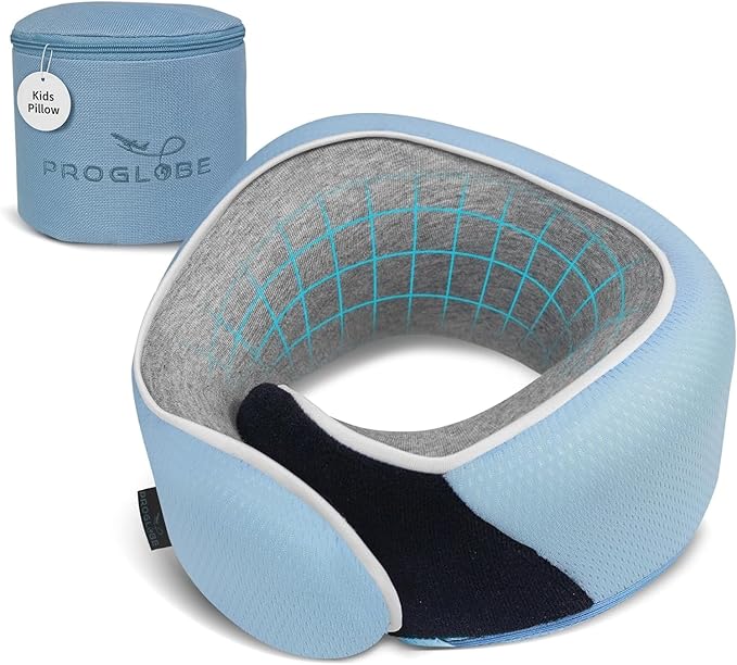 Proglobe Junior Kids Travel Neck Pillow - Ergonomic Memory Foam Pillow for Airplane, Car, Booster Seat - Soft, Washable, Compact Travel Pillow with Strap - Light Blue - Ages 4 Years and Up