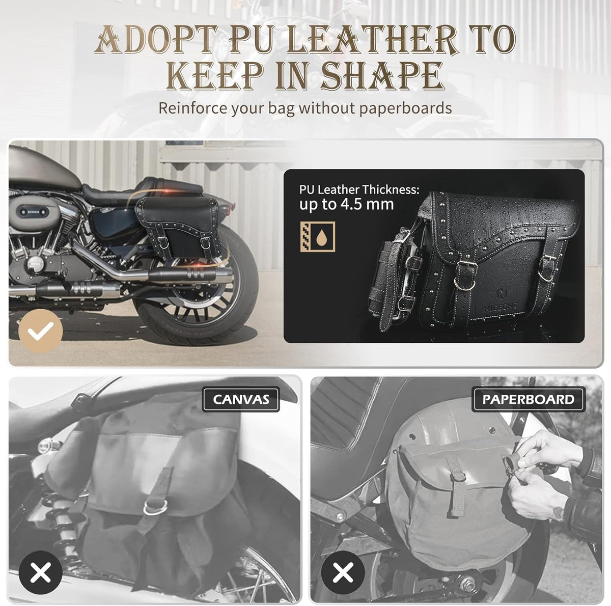 NICECNC Motorcycle Saddle Bags, PU leather Motorcycle Saddlebags, Reinforced Straps & Saddle Piece, with Cup Holder, Throw Over Saddle Bags Side Bags Universal Motorcycle Accessories bags, BlACK