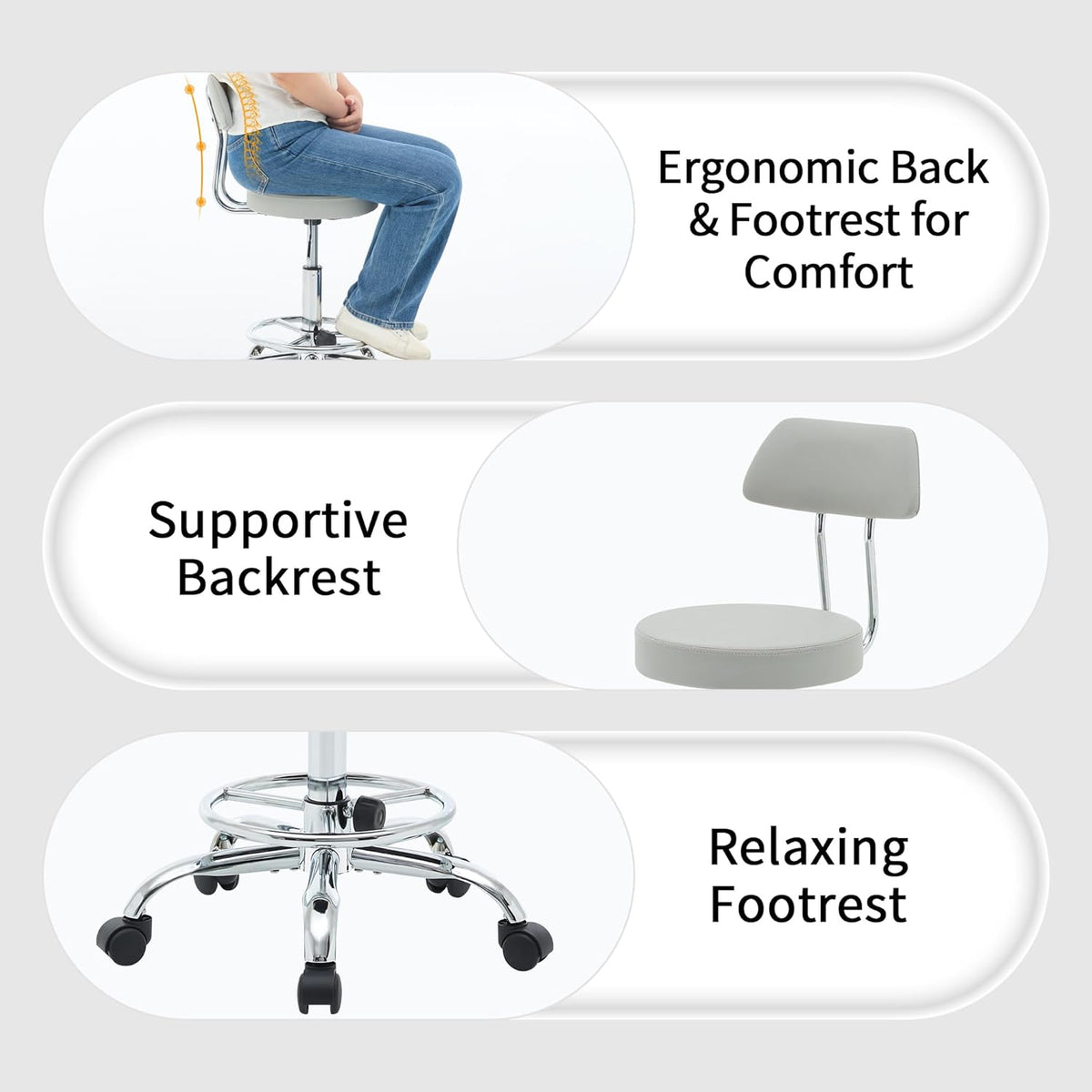 Drafting Stool (Height Adjustable Office Chair with Footrest 19.5’’-26.6’’)(Drum Stool with Back) Space Saving Tattoo Chair (Gray)