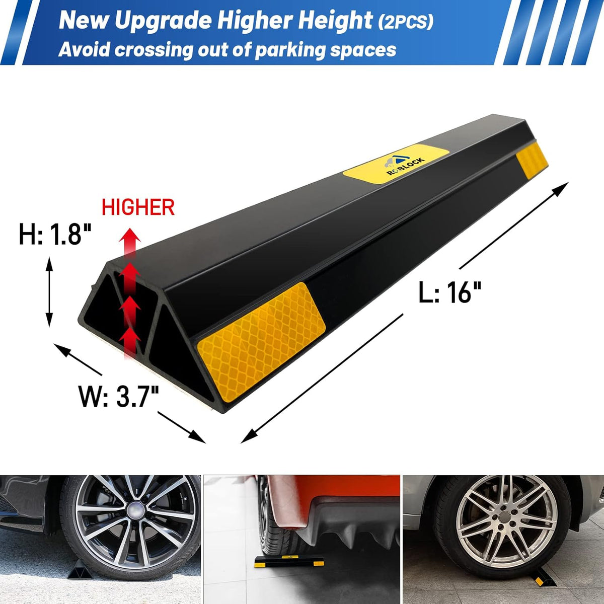 ROBLOCK 16" Heavy Duty Parking Aid with 1.8 Inch Higher Design, Car Parking Stopper for Garage 2 PCS, Parking Aids Protects Car, Parking Gadgets Easy to Install 2 Packs, 16" L x 3.7" W x 1.8" H