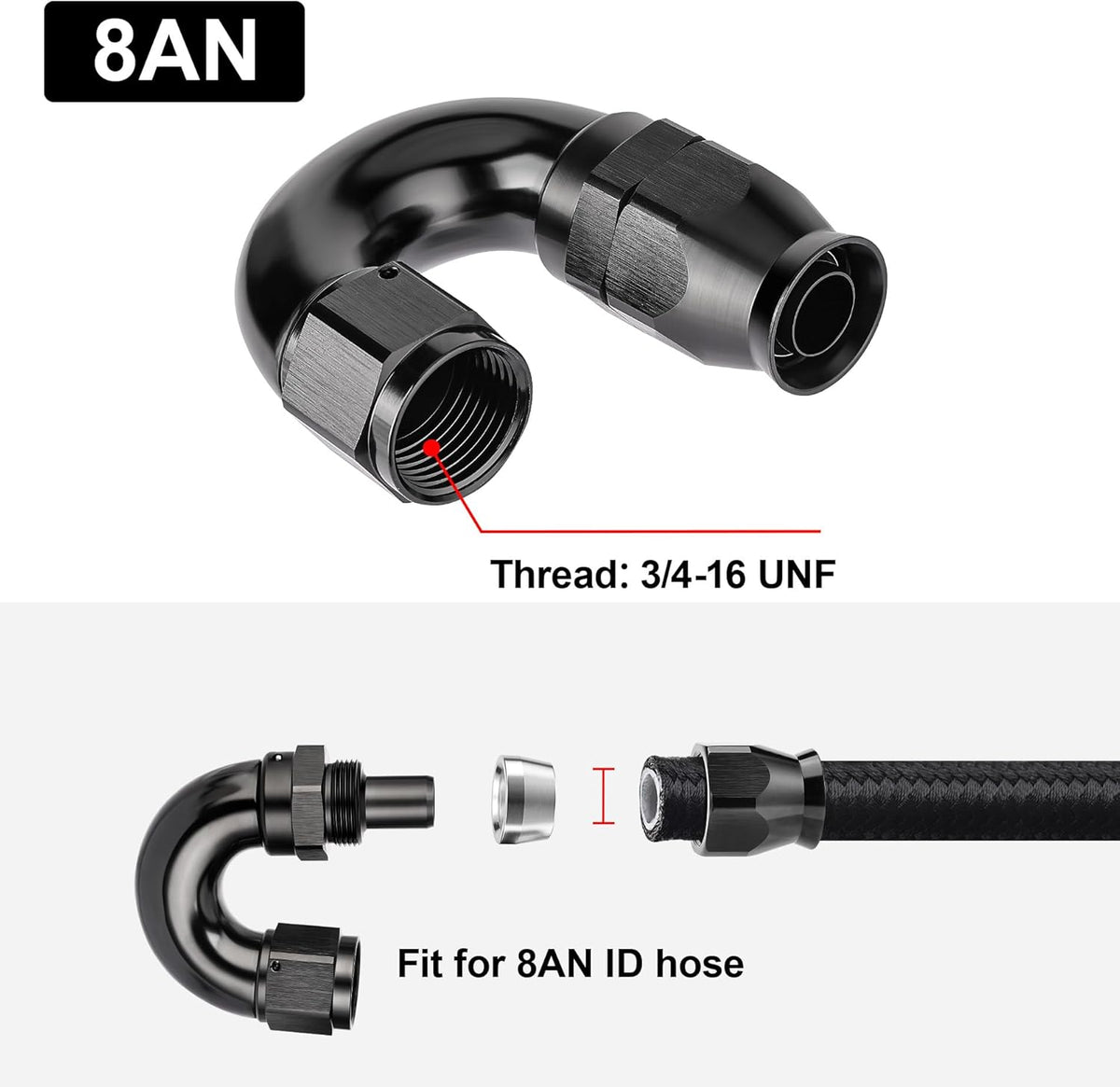 EVIL ENERGY 8AN 180 Degree PTFE One Piece Full Flow End Hose Fitting Aluminum Black