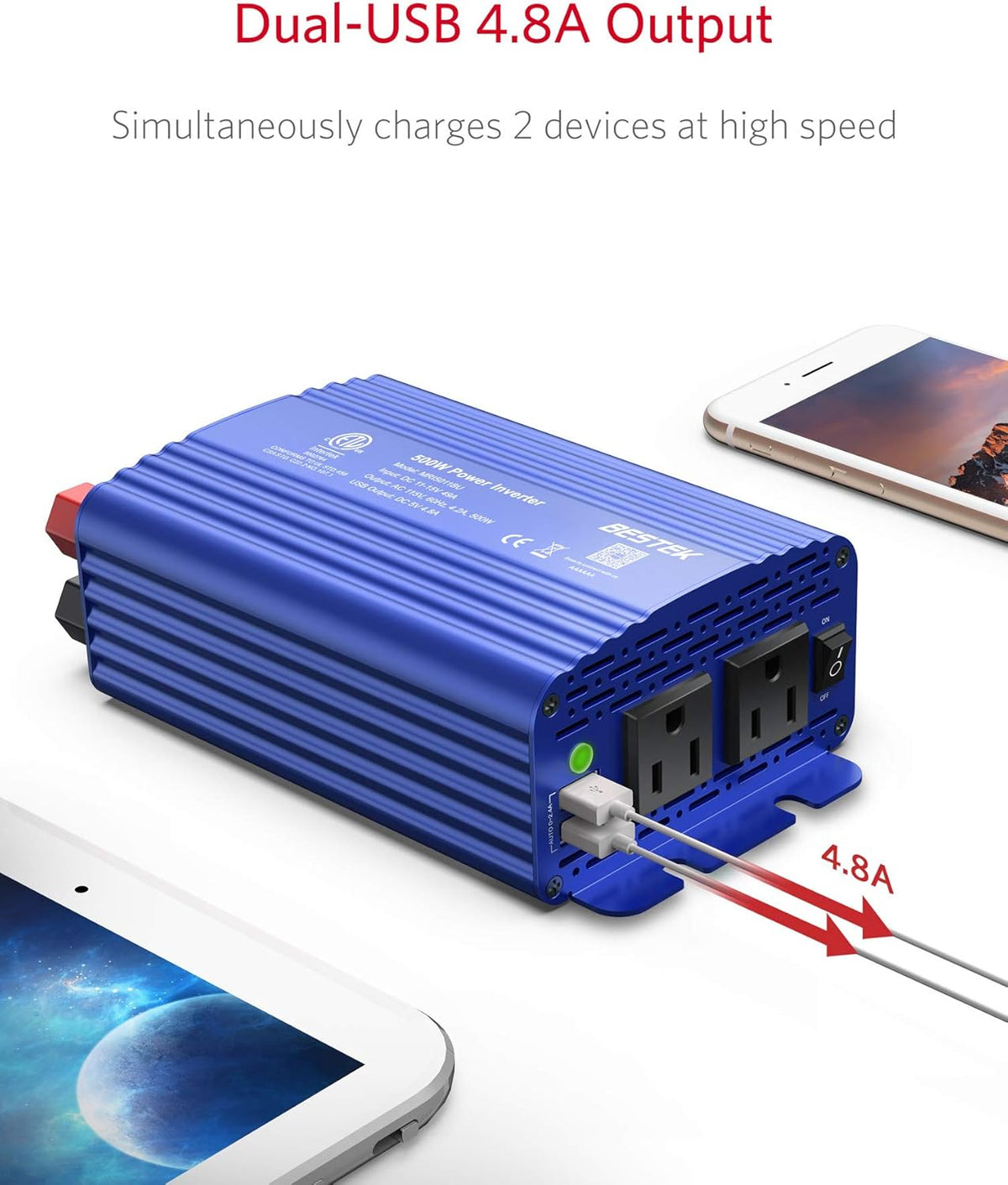 BESTEK 500W Power Inverter DC 12V to 110V AC Converter with 4.8A Dual USB Car Charger ETL Listed (Blue)