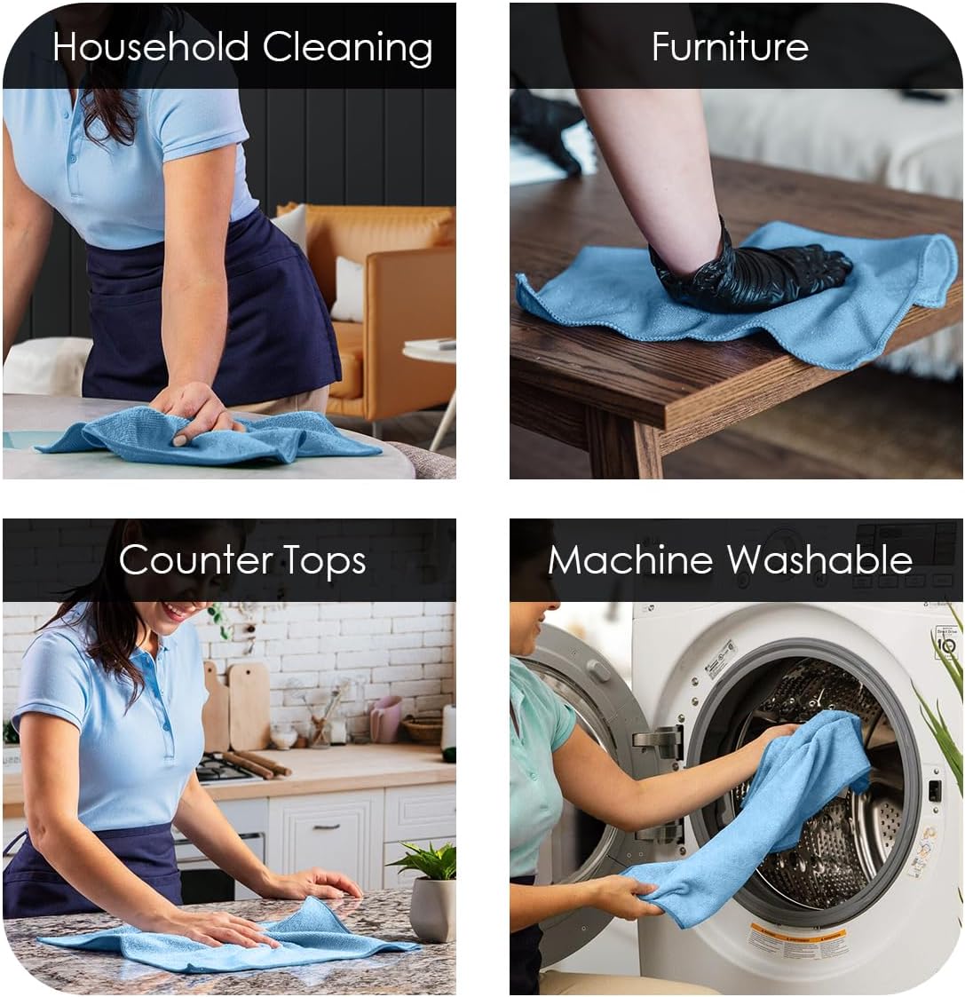 Avalon Towels Microfiber Cleaning Cloths (Value Pack of 48) Size 16" x 16", Highly Absorbent Cleaning Rags, Lint Free Cleaning Towels, Reusable and Washable, Microfiber Towels for Cars (Blue)