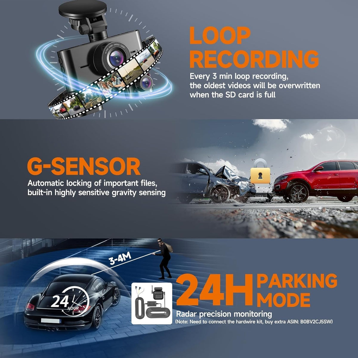 360° Dash Cam Front and Rear Inside, 4 Channel Dash Camera for Cars FHD 1080Px4, Built-in Wi-Fi, 3.16” IPS Screen, WDR Night Vision, Voice Control, Included 64GB Card, 24H Parking Mode