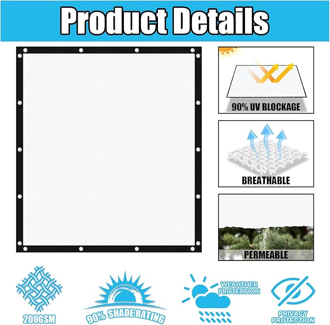 Amagenix 90% Pergola Shade Cover 13' X 13' Sun Shade Cloth with Grommets for Outdoor Garden Patio Porch, Commercial Grade 200 GSM - Cable Zip Ties Included (We Customized) GN108, White