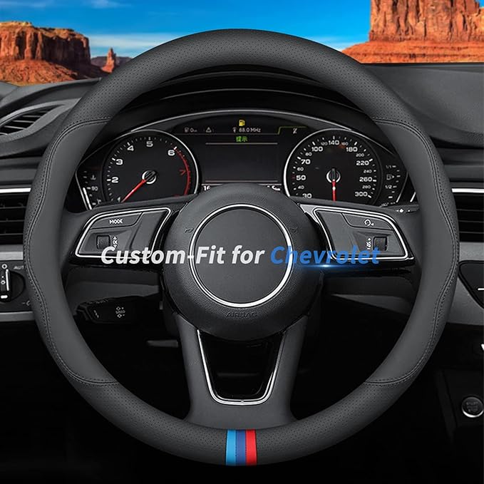 Custom-Fit for Chevrolet Steering Wheel Cover, Premium Leather Car Steering Wheel Cover with Logo, Non-Slip, Breathable (D-Style,for Chevrolet)
