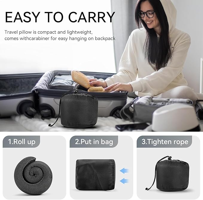 SZXYX Travel Pillows for Airplanes, 100% Pure Memory Foam Neck Pillow for Airplanes, Comfortable Breathable Cover, 360° Support Stowable Pillows for Sleeping, Car, Airport Travel Essentials Black